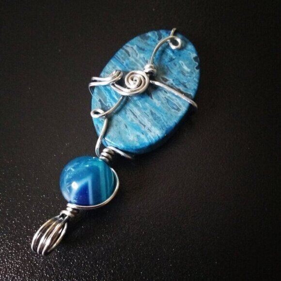 Blue Crazy Lace Agate & Banded Blue Agate ~ Wire Wrapped! Stacked Stone Pendant - Picture 9 of 10
